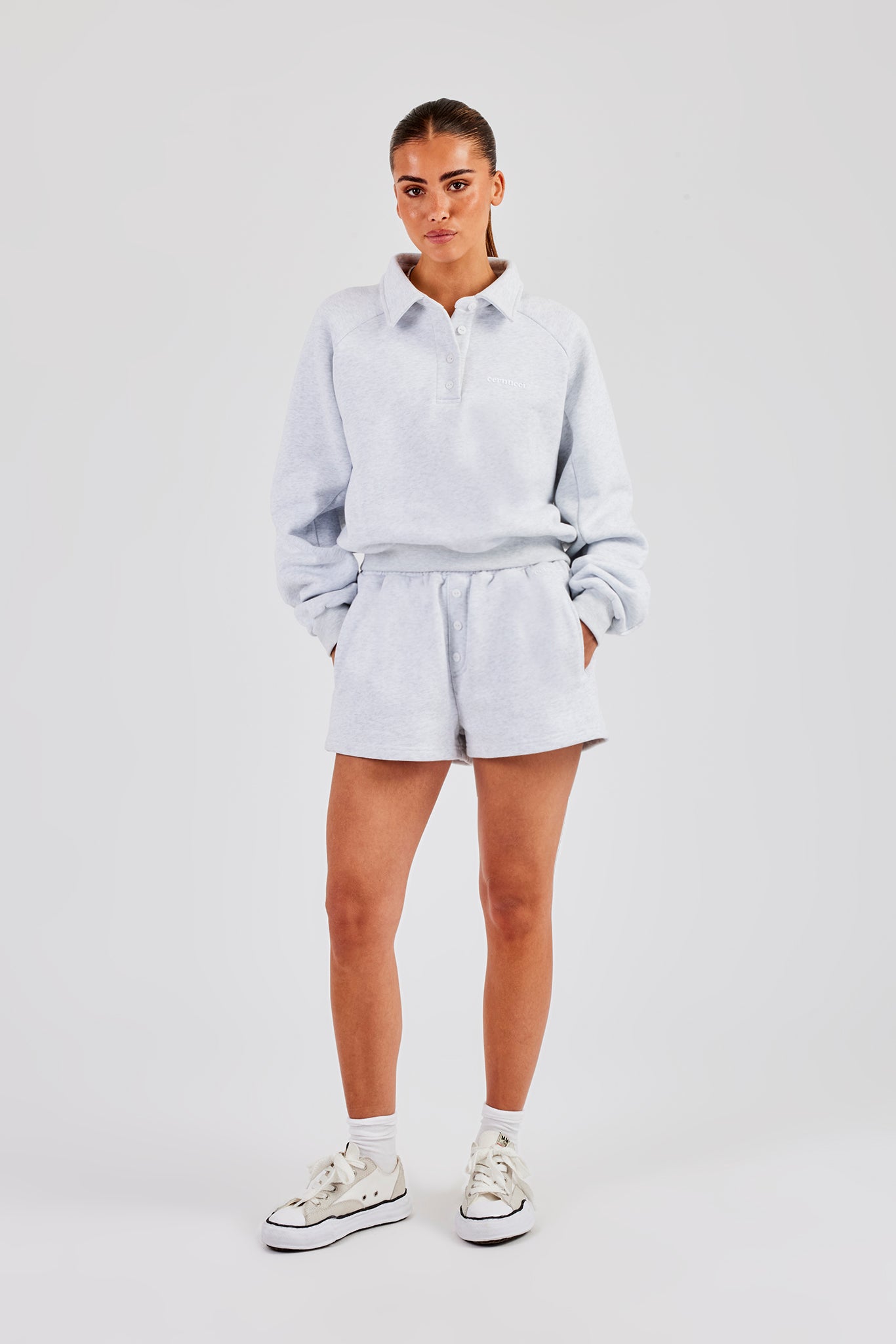 Polo-Sweatshirt und Shorts mit Knopfdetail – Heather Grey